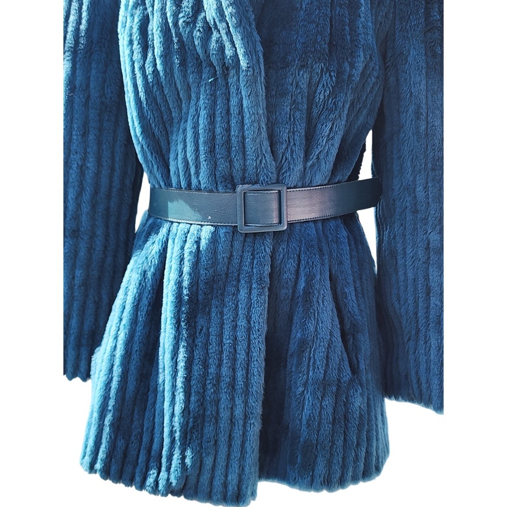 Vintage Animal Fair by Herman Kay Teal Ribbed Faux Fur Belted Coat Sz 8 READ